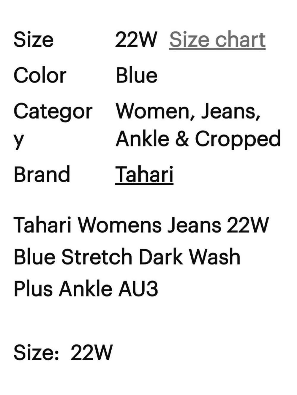 Tahari Womens Jeans 22W Blue Strtch Dark Wash Plus Ankle - Picture 10 of 11